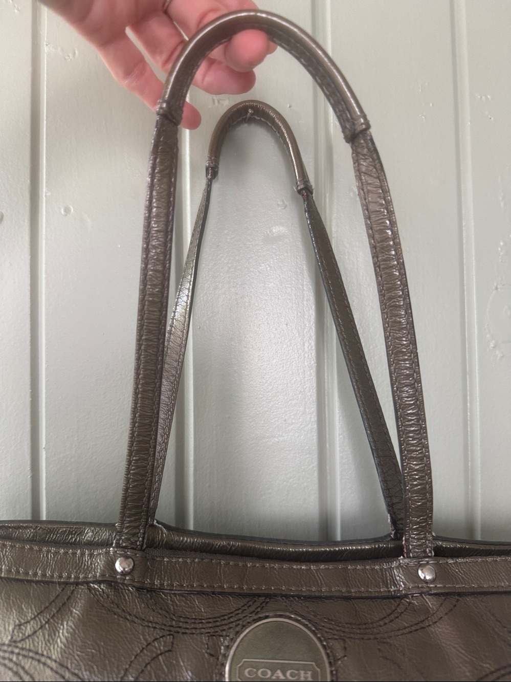 COACH Parker Metallic Leather Tote Olive Bronze Silver Hardware Blue Satin Bag - Picture 7 of 13